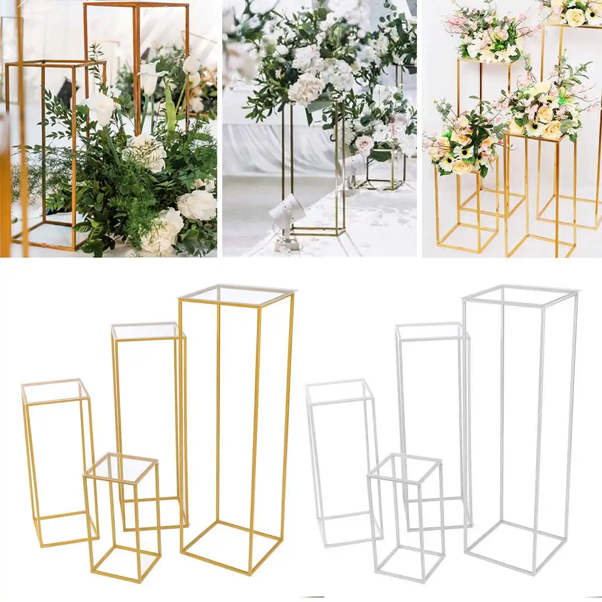 

4pcs Wedding Square Road Lead Wrought Iron Flowers Vase Column Stand Decoration Event Floor Party Arrangement Frame Backdrop