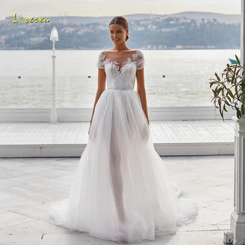 

Loverxu Boho Wedding Dresses 2022 Sweetheart Cap Sleeve Robe De Mariee Lace Appliques A-Line Illusion Tulle Vestido De Novia