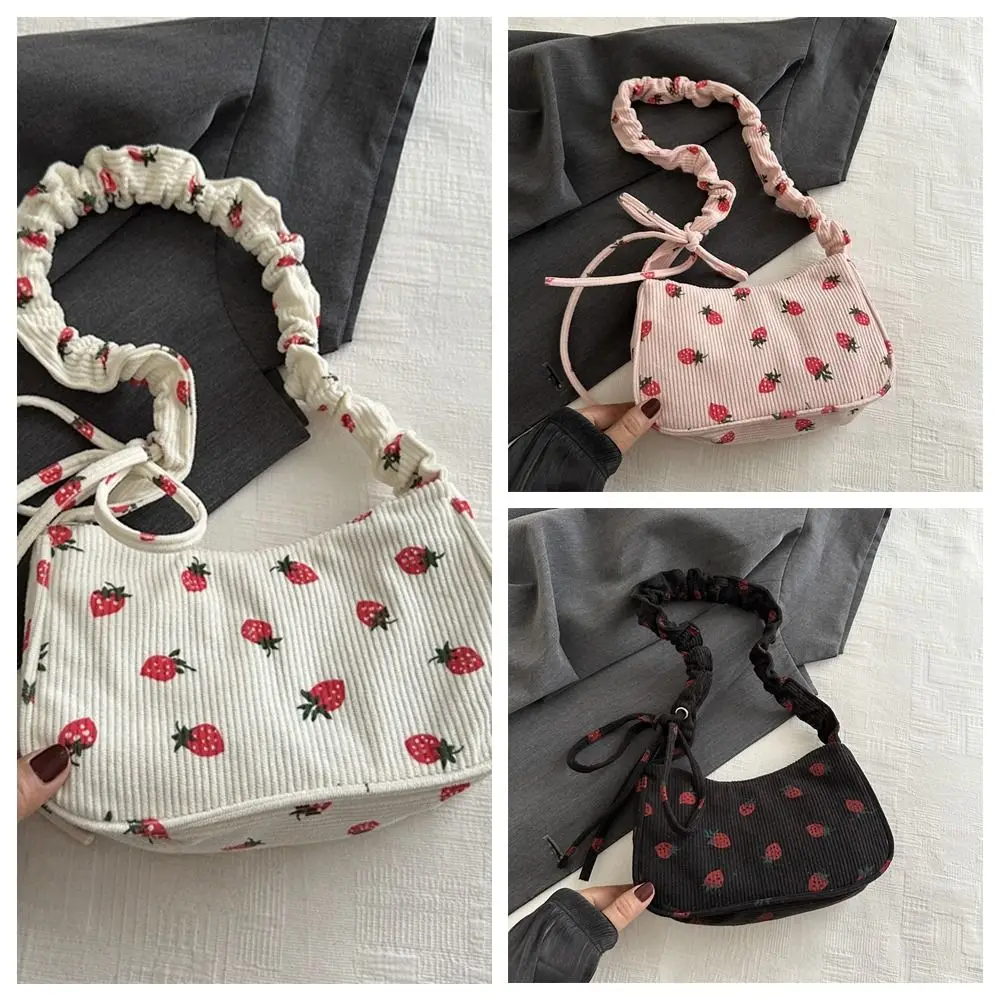 Модная корейская стильная сумка на плечо с клубничным принтом вельветовая