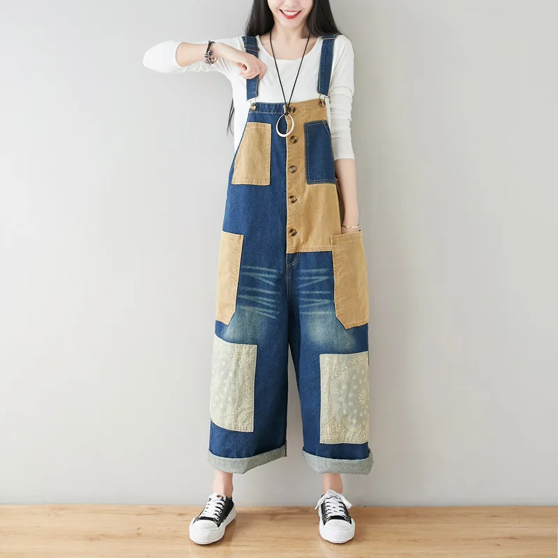 

Spring Wash White Single Breasted Denim Strap Pants Women's Clothing Loose Art Patch Wide Leg Pants Contrast Color Sling Overall