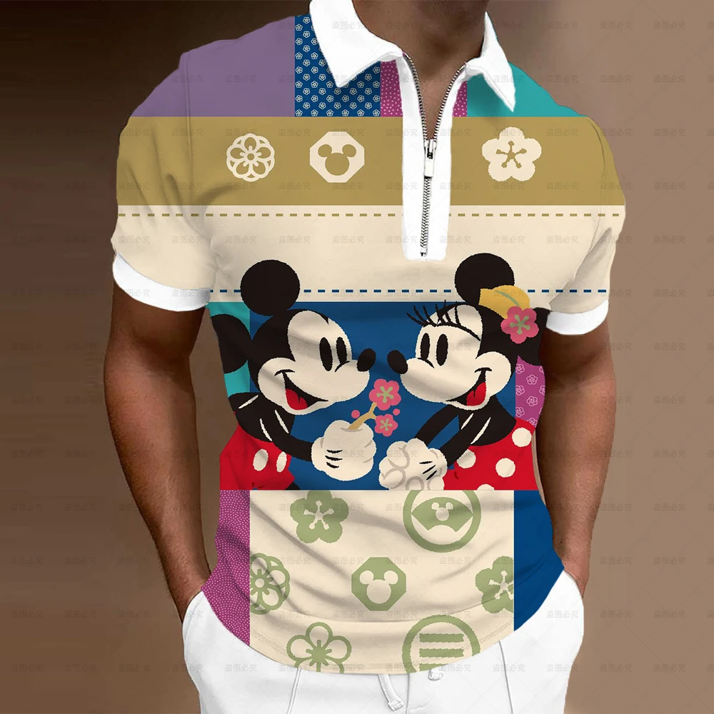 

Disney New Fashion Men Mickey Mouse Polo Shirt Golf Wear Urban Print Casual Short Sleeve T Shirt Men's Lapel Zip Polo Shirt Top