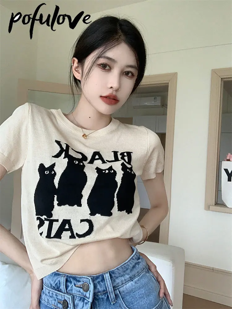 

Knitted T-shirt for Women Sweet Spicy Cat Shoulder Short Sleeve Harajuku Top Korean Summer Slim Vintage Design Sense Y2k Tops