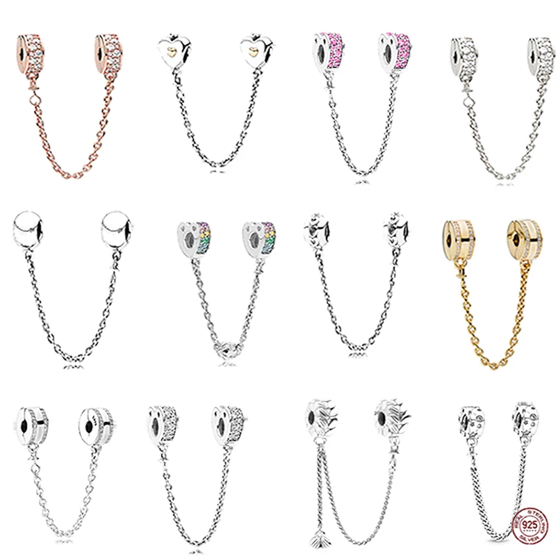 

925 Sterling Silver Colorful Heart-Shaped Safety Chain Beads fit Original Bracelets DIY Fine Jewelry Gifts