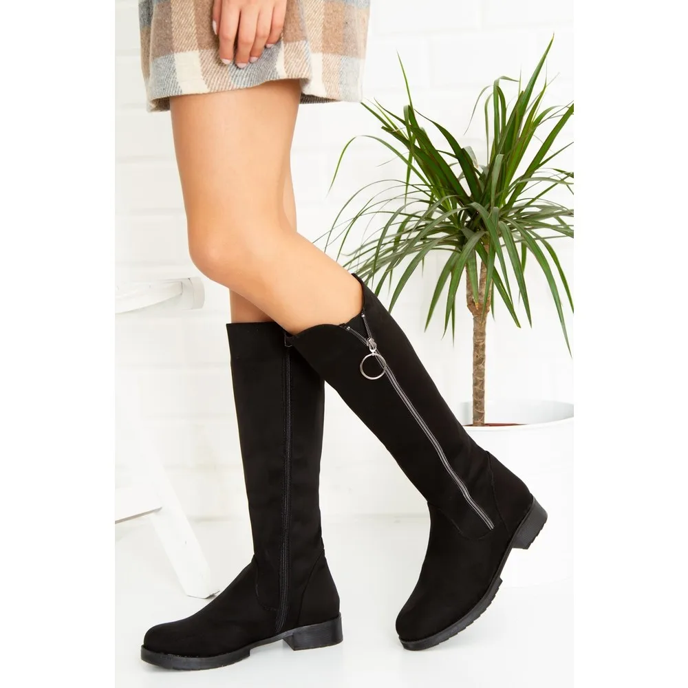 

Dorlie Women Black Suede Ring Buckled Boot-Ornament Zipper Stylish Boots
