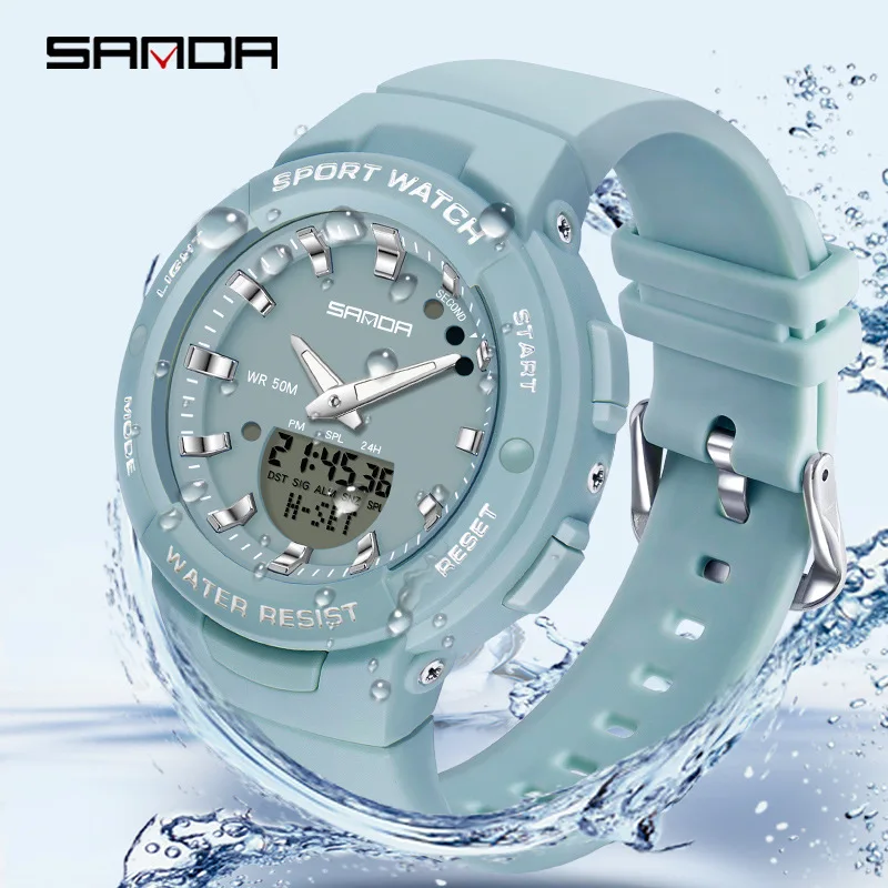 SANDA New Luxury White Fashion Sport Women's Watch Military Waterproof Multifunctional LED Digital Quartz Relogio Feminino 6005