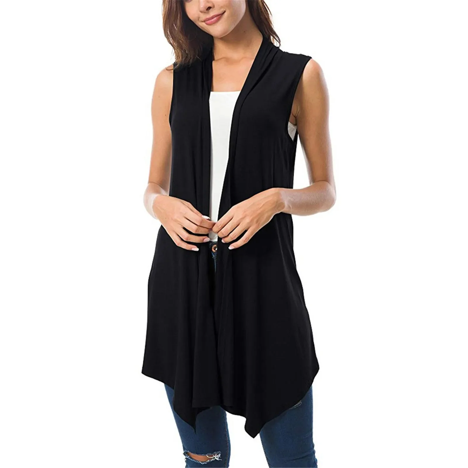 

Women's Sleeveless Draped Open Front Cardigan V Asymmetric Hem Women Blouse Big Pocket Cardigan Casual Tops Female P5