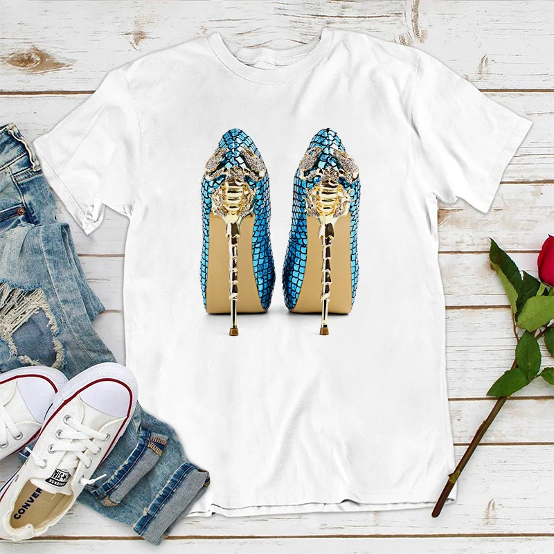 Popular Luxury Blue Crystal Heels Print T-shirt Women 2021 New Summer T Shirt Harajuku Hip Hop Punk Streetwear Tshirt Tops