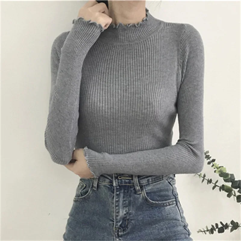 

Korean Long Sleeve White Knit Sweater Fashion Slim Edible Tree Fungus Bottom Pullover Casual Soft Half High Collar Tops 28493