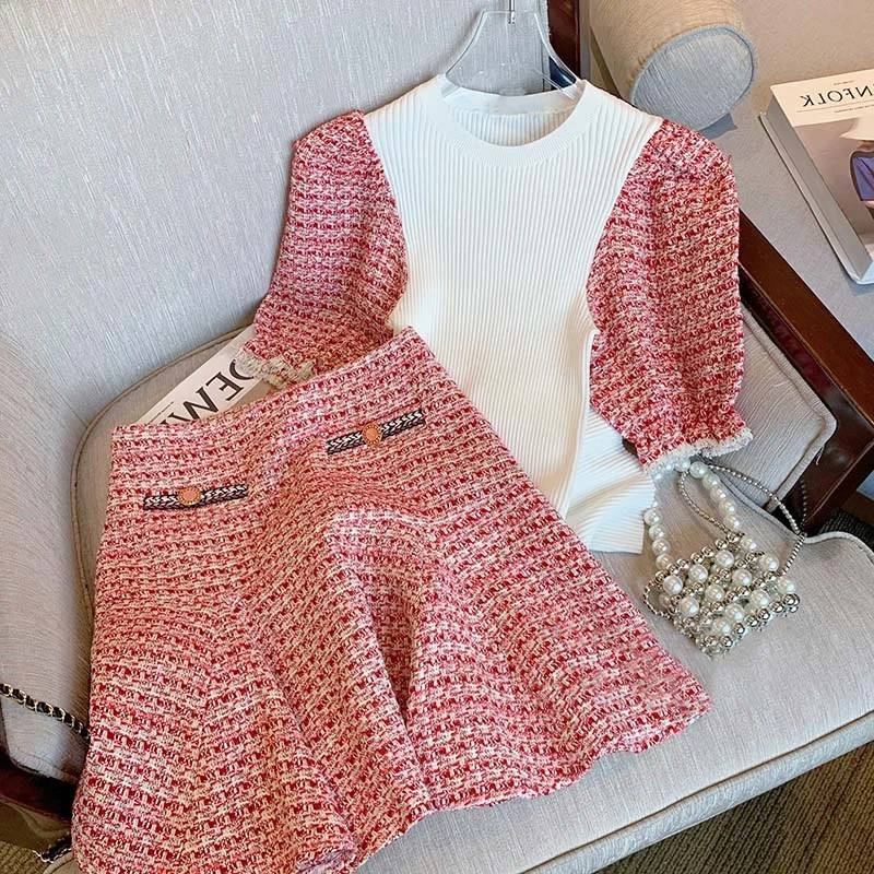 

Women Korean Patchwork Two Piece Short Sleeve Knitted Sweater Round Shirts Mini Tweed Plaid Skirts 2022 Fashion Sets Summer