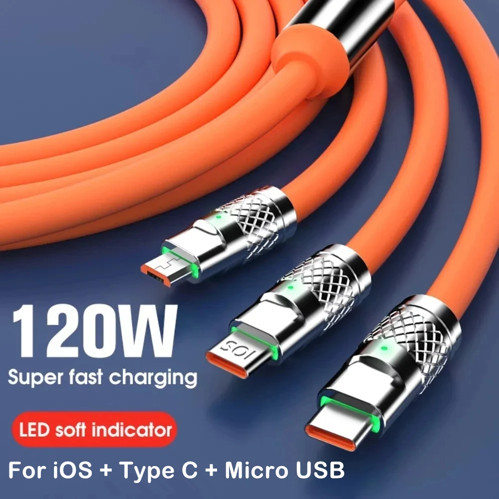 6A/120W USB-кабель для зарядки 3 в 1 iPhone Samsung Huawei Honor Redmi POCO OPPO Reno Type-C Micro USB Quick Charger ор...