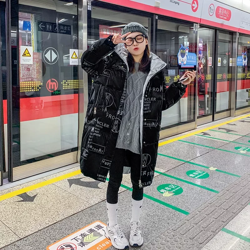 New2022 Womens Thick Long Parkas Letter Print Loose Casual Winter Jacket Korean Style Puffer Coat Streetwear for Female Fashion