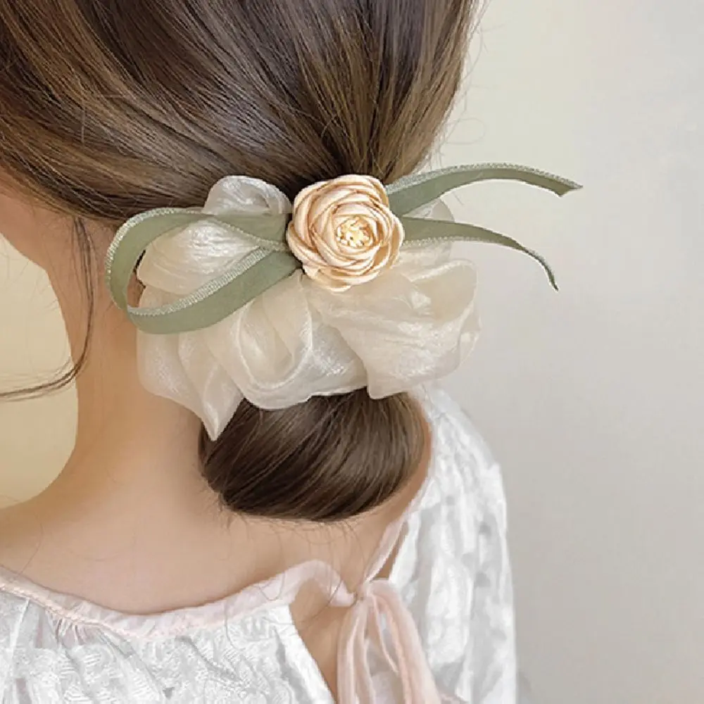

Fashion Green Ribbon Silk Spring Camellia Hair Ring Female Hair Accessories Korean Style Scrunchies Flower Hair Rope