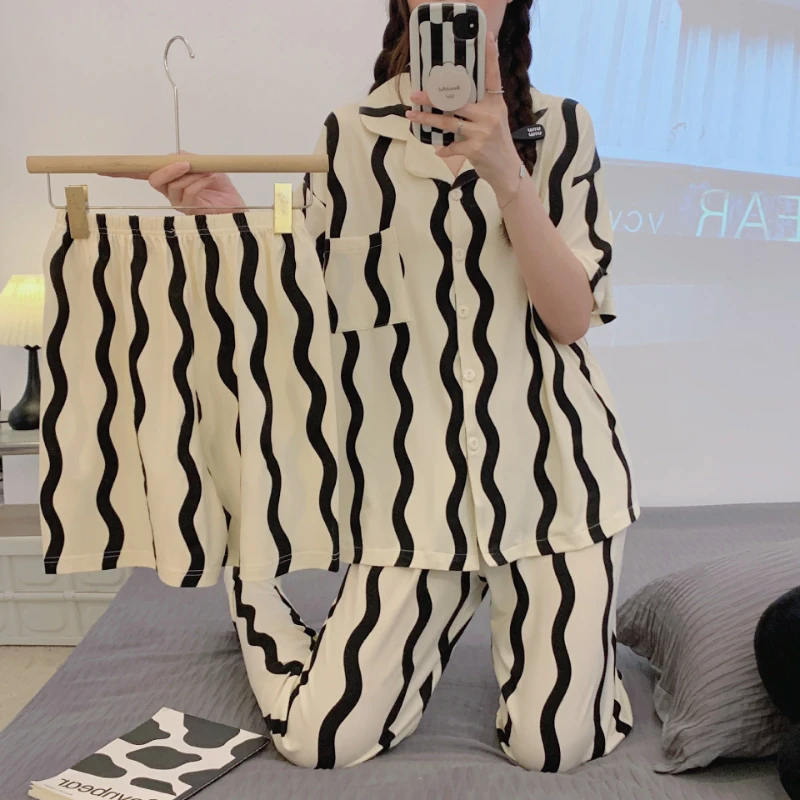 Summer Pajamas for Women's High-end Sense of Cardigan Short-sleeved Three-piece Suit Casual Home Service with Turn-over Collar