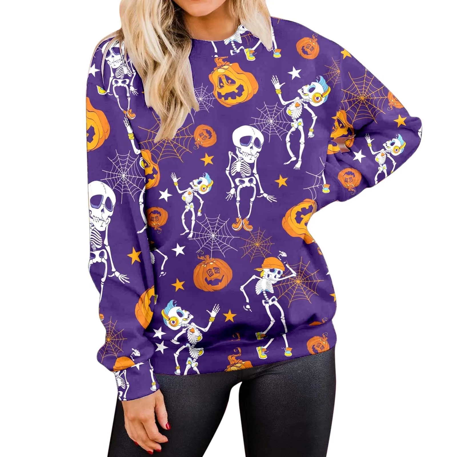 

Толстовка женская оверсайз с длинным рукавом, повседневный свитшот с круглым вырезом и принтом на Хэллоуин, свободная флисовая одежда, худи...