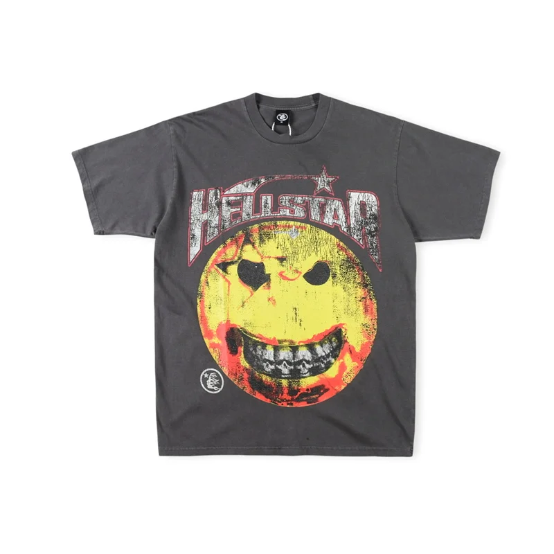 

Hellstar Short Sleeve T-shirt Vintage American West Coast Street Graffiti Hip Hop Bandit Smiling Face Distressed