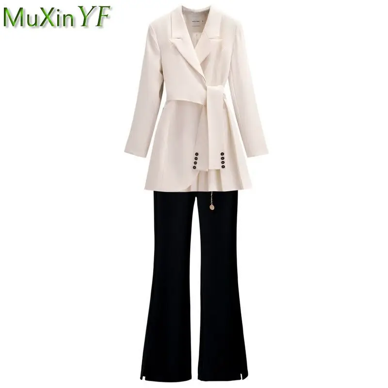 

Women's Spring Autumn Work Fashion Clothing 2022 New Office Lady Graceful Long Lace Up Suit Coats+Black High Waist Belt Pant Set