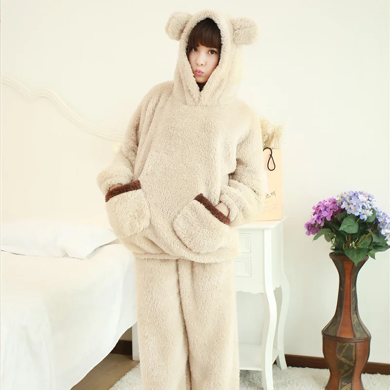 Plush Hooded Homewear Cartoon Pajamas Set Women Sweet Print Full-Sleeve Warm Flannel Sleepwear Loose Pyjamas Clothes Big Size