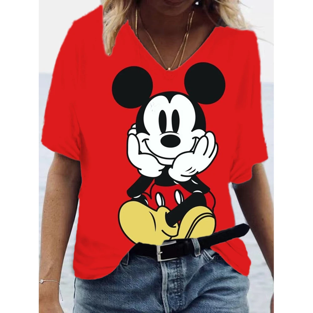 Red Basic Disney Mickey Mouse Cute cartoon print T Shirt Women Summer New XXS-5XL Tees Casual Loose V Neck Female Tops 90s