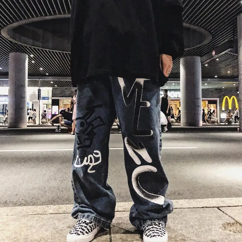 

HIP-HOP Men Streetwear 2022 new Vintage Alt Jeans women Graffiti Wide Leg Baggy Straight Denim Pants Cartoon Grunge Trousers Y2k