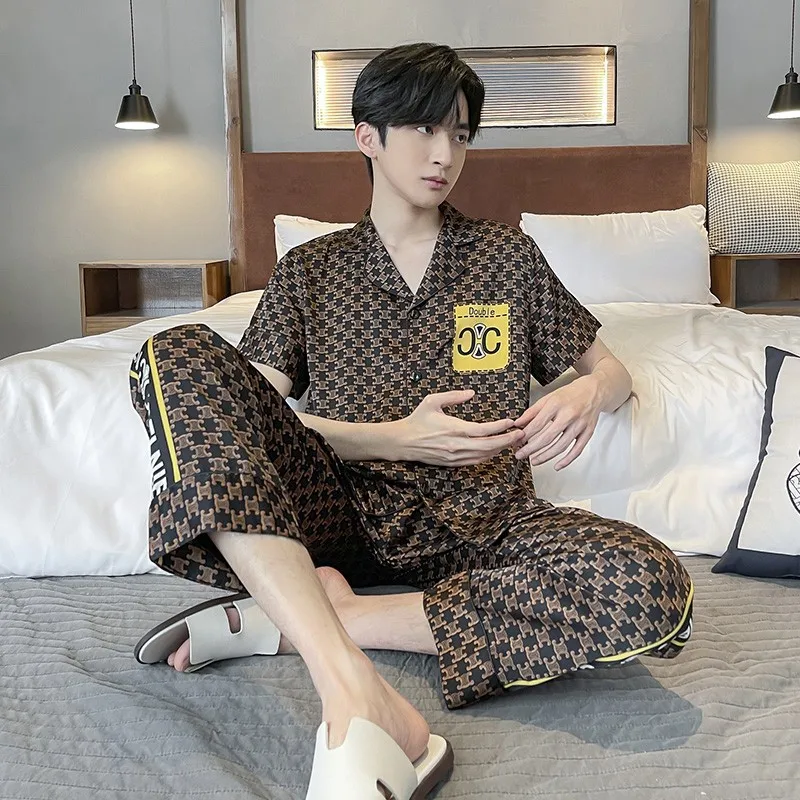 New Satin Chiffon Silk Couple Pajamas 2023 Spring/Summer Men's and Women's Short Sleeve Pants White Black Set