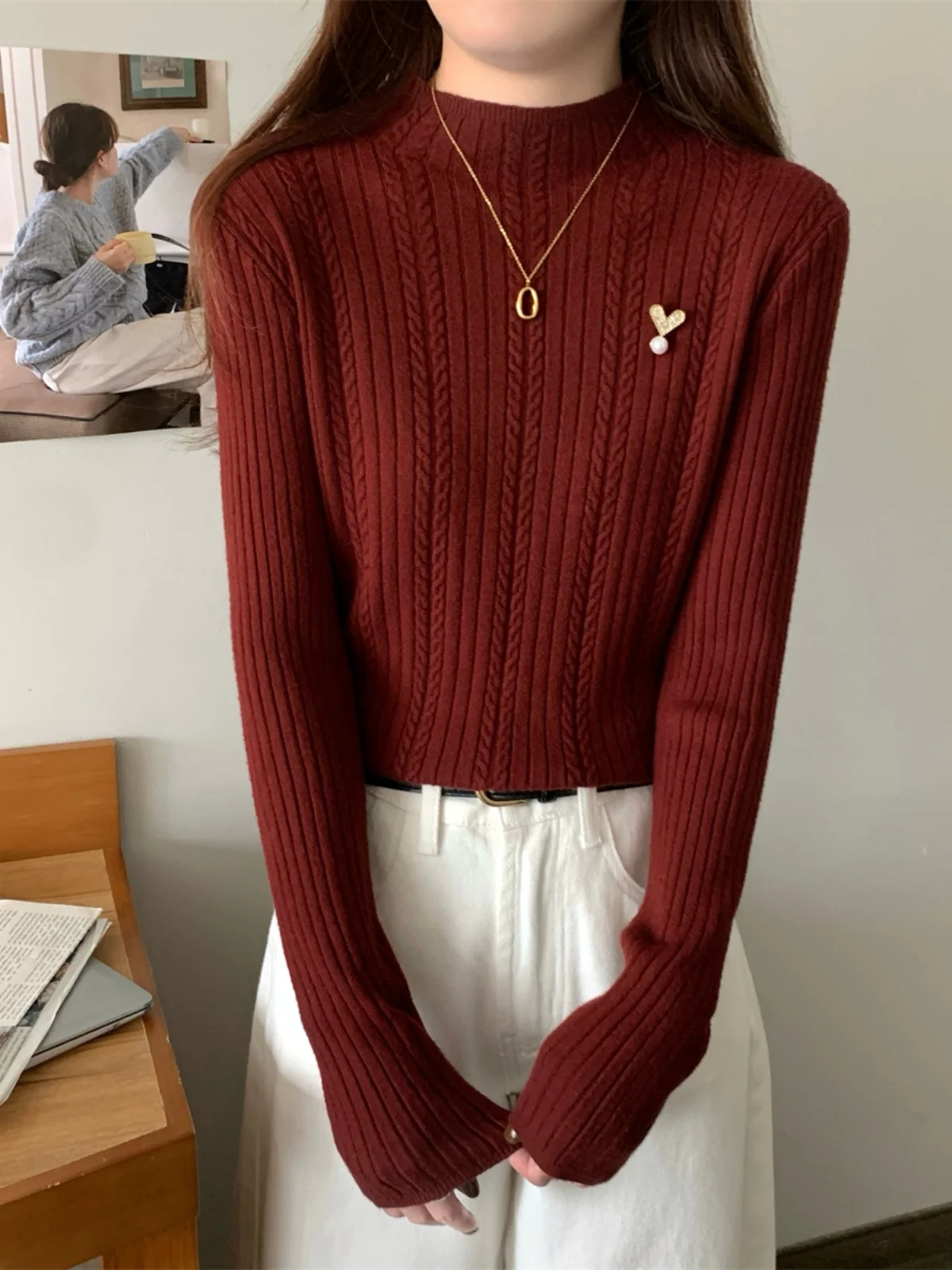 Autumn and Winter New French sle Half Old Twist Love Decoration Design Base Sweater Knit Long sleeve Women's Top