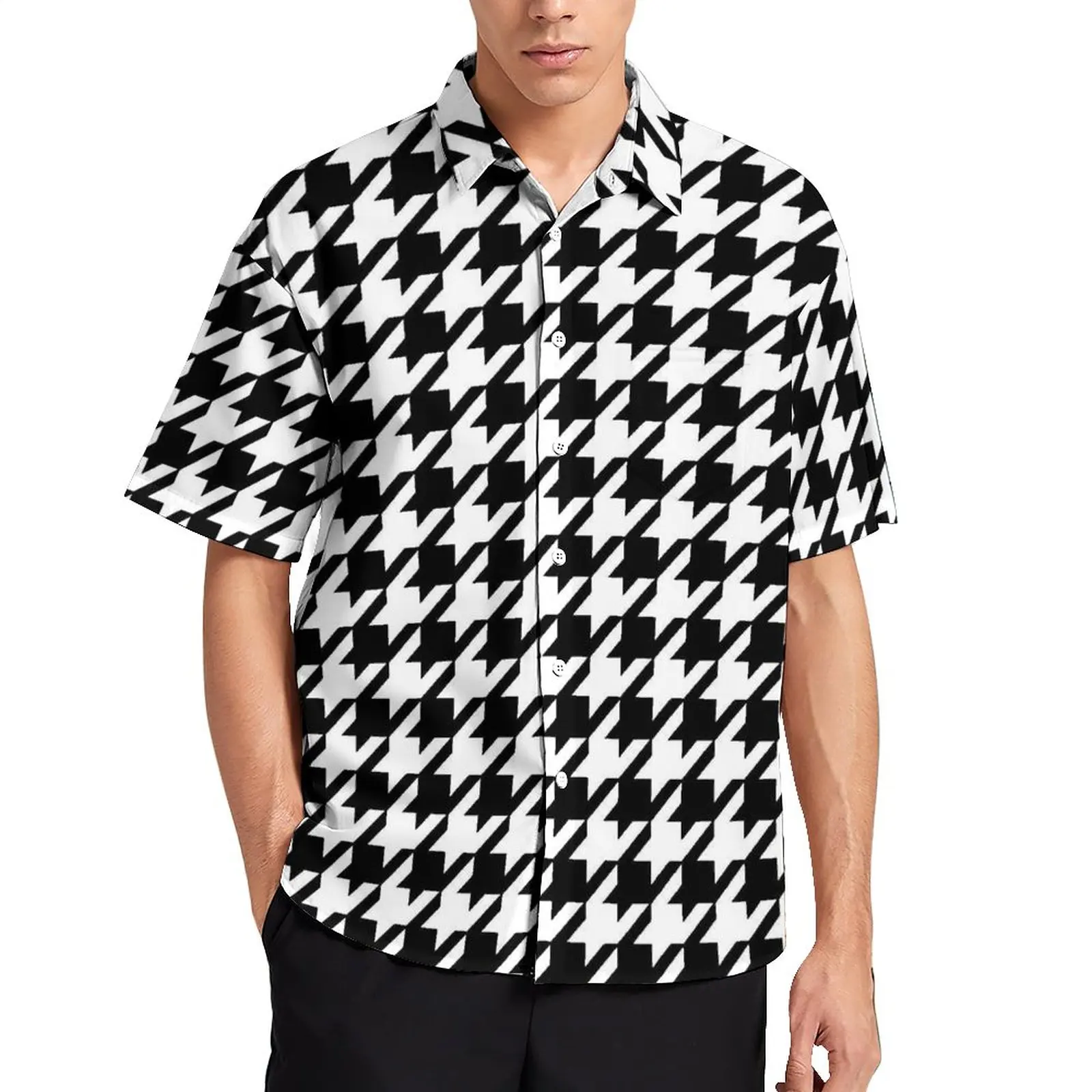 

Black And White Houndstooth Casual Shirt Abstract Design Vacation Loose Shirt Hawaii Streetwear Blouses Print Oversized Clothing