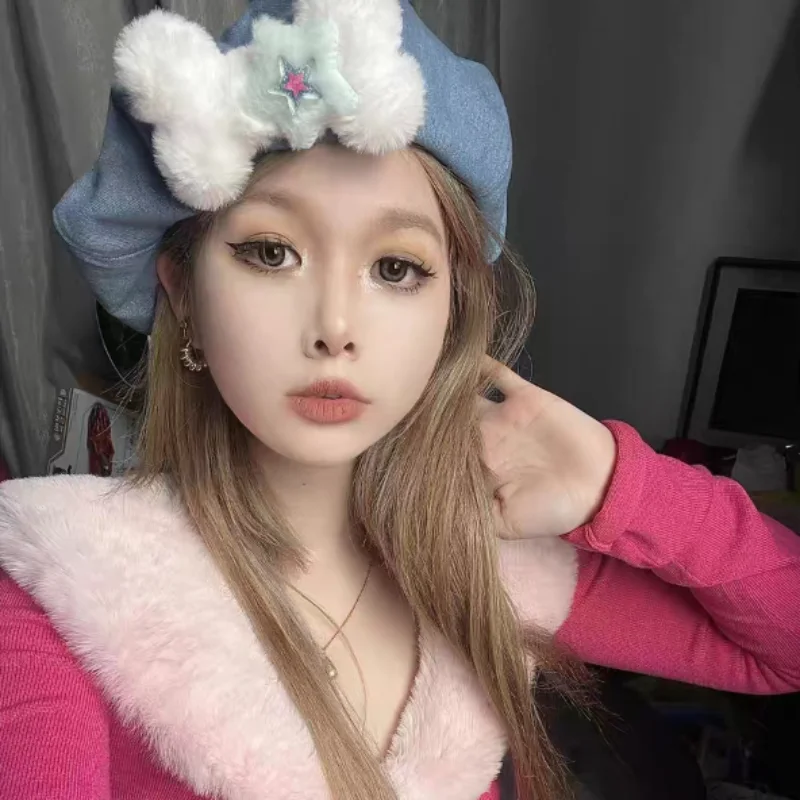 

Японские ретро милые береты с украшением в виде костей, милые крутые береты художника в виде облаков для женщин, в стиле Yabi, джинсовый берет в стиле Y2K с заклепками в стиле панк