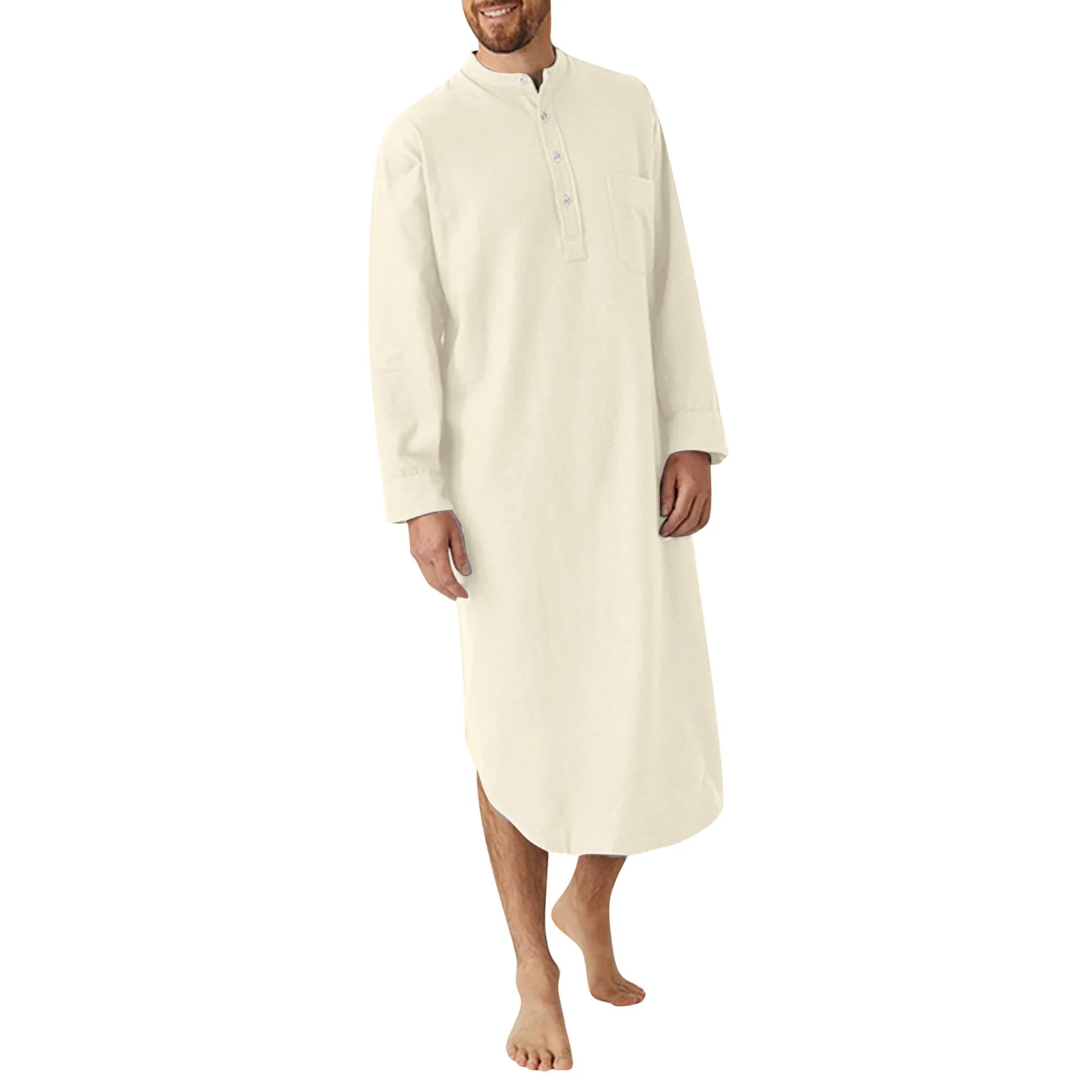2023 Spring Autumn New Muslim Men's Robes Long Sleeve Shirt Solid Color Men Nightgown Arabic Bonnet Homme Musulman