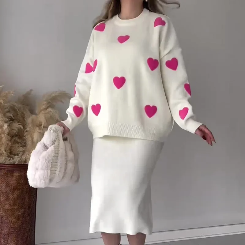 Женский комплект из двух предметов с юбкой свитер круглым вырезом и длинным