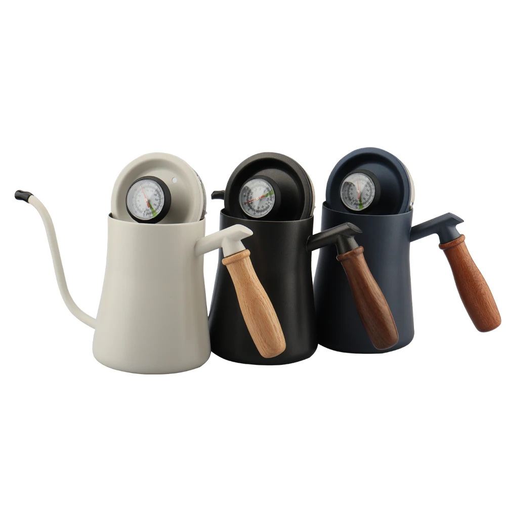 550ml Wooden Handle Fellow Coffee Kettle Gooseneck with Thermometer 304 Stainless steel Camping Coffee and Tea Kettle
