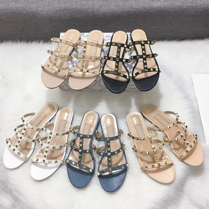 

New Shoes For Women Designer Flat Slippers Summer Brand Rivet Shoes Gladiator Sandals Comfortable Casual Peep To Ladies Slippers
