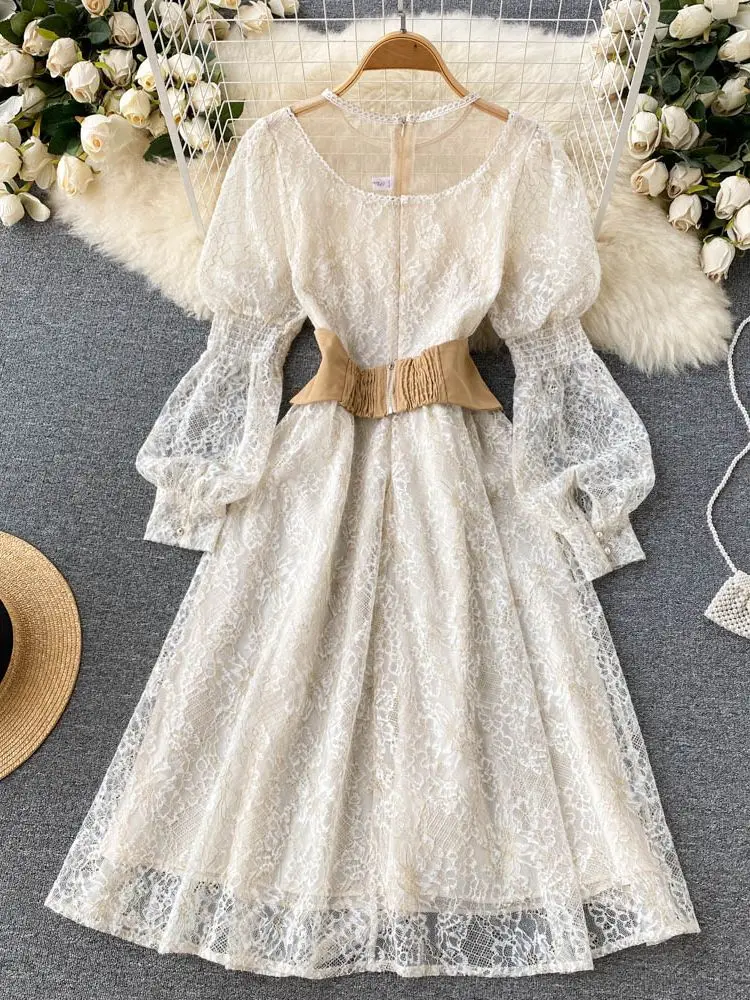 

Summer Women Lantern Sleeve Overlay Lace Embroidery Mesh Elegant Princess Dress Fashion Runway Evening Party Vestido N6782