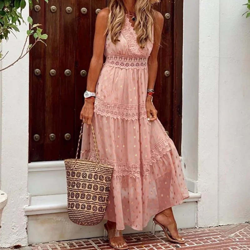 

Summer Elegant Slim Casual Dress For Women Sexy Maxi Dress V-neck Robe Sleeveless Versatile Wave Point Vestido