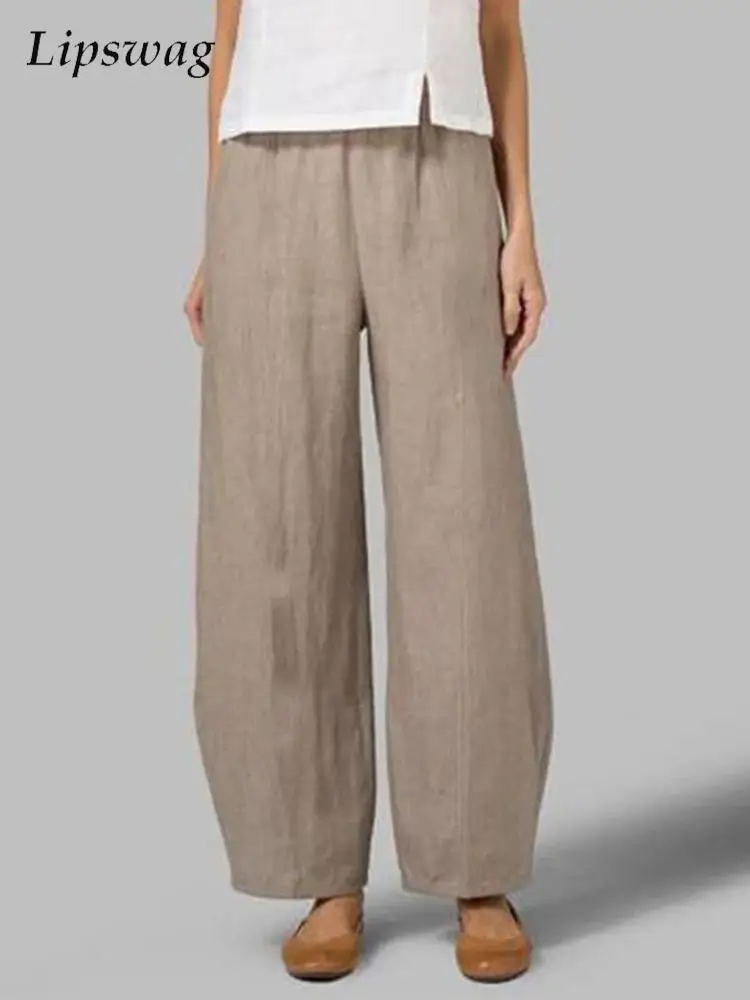 

New Fashion Solid Color High Waist Straight Loose Pants Women Cotton Linen Loose Pants Vintage Casual Ladies Wide-Leg Long Pants