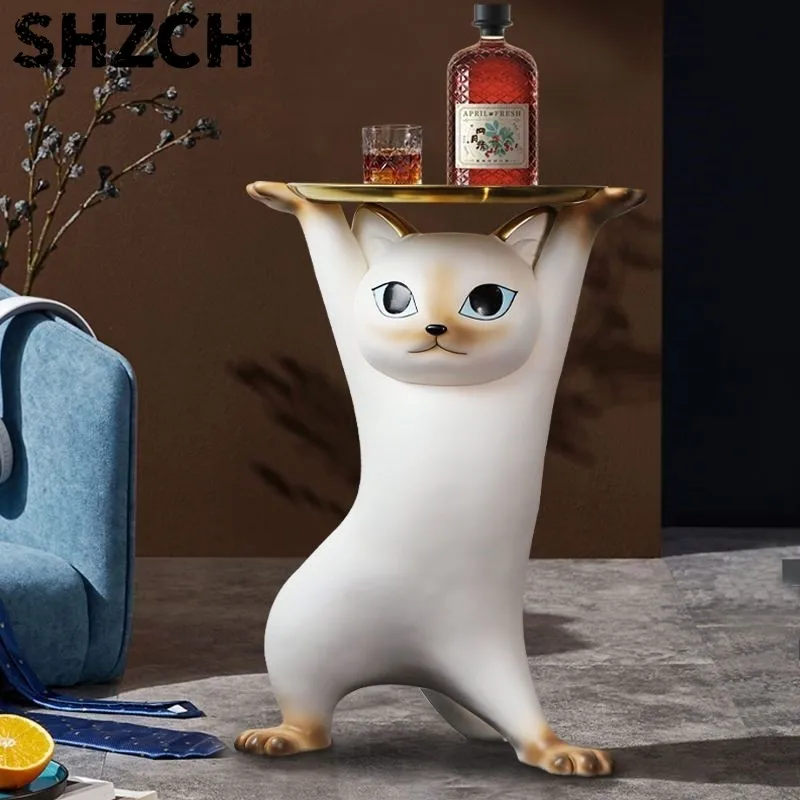 Фото Очаровательный журнальный столик MOMO с кошачьим дизайном, большой поднос для закусок, подставка для ТВ, диванчик рядом с напольным подносом, подарок №4