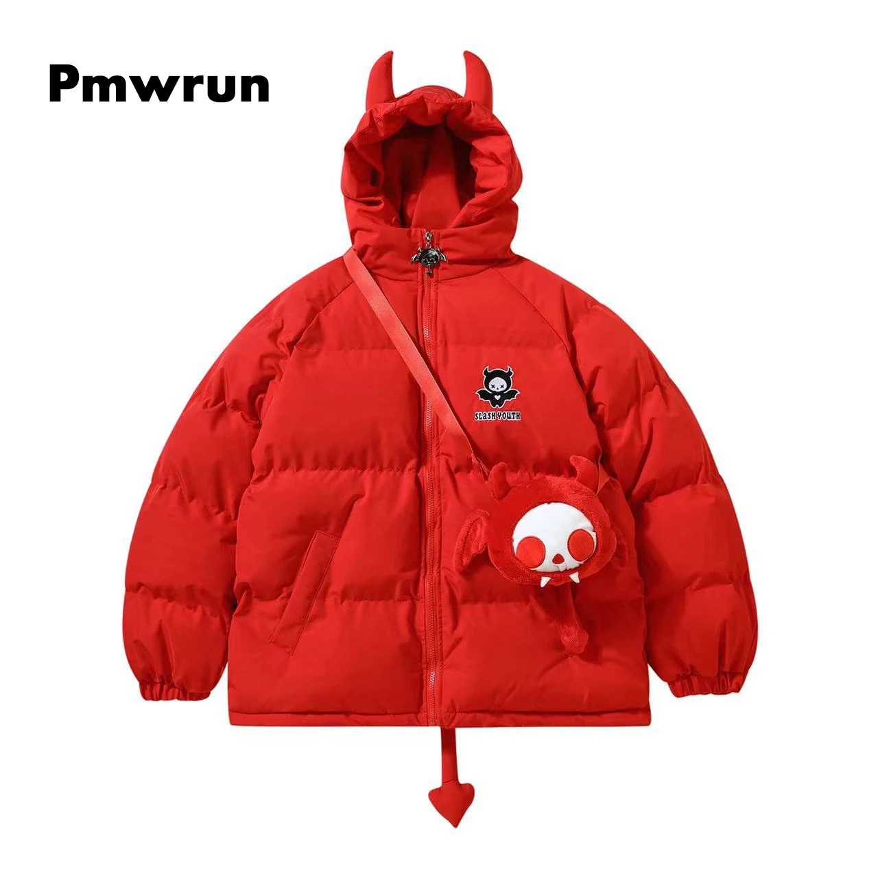 Winter Jacket Hooded Parkas with Bag Streetwear Hip Hop Devil Horn Thick Warm Bubble Padded Coats Harajuku Casual Puffer Jackets