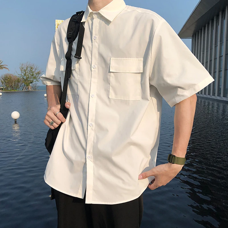 

EBAIHUI Men's White Shirts with Tie Set Preppy Uniform DK Loose Long Sleeve Shirt Couple Loose Basic Short Shirts Asian MB010