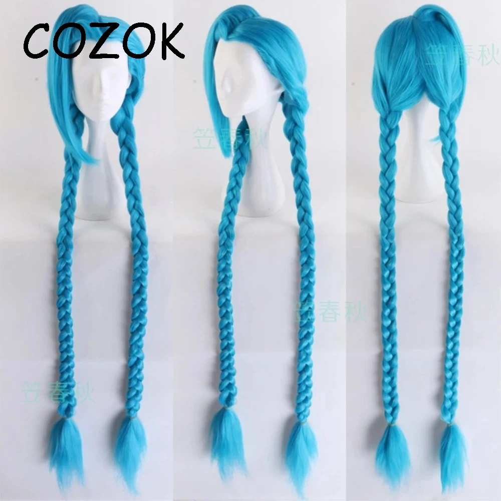 

Game LOL League of Legends Cosplay Jinx Costume Loose Cannon Wig 120cm Long Braid Blue Heat Resistant Synthetic Hair for Women