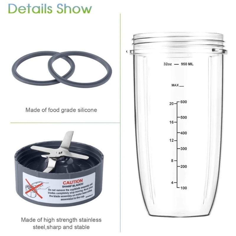 D0AB Replacement Blender Cups 32OZ With Lids Rubber Gasket S