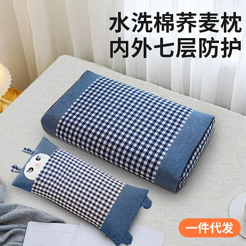 Подушка из гречихи для взрослых домашняя клетчатая двухъядерная хлопковая с