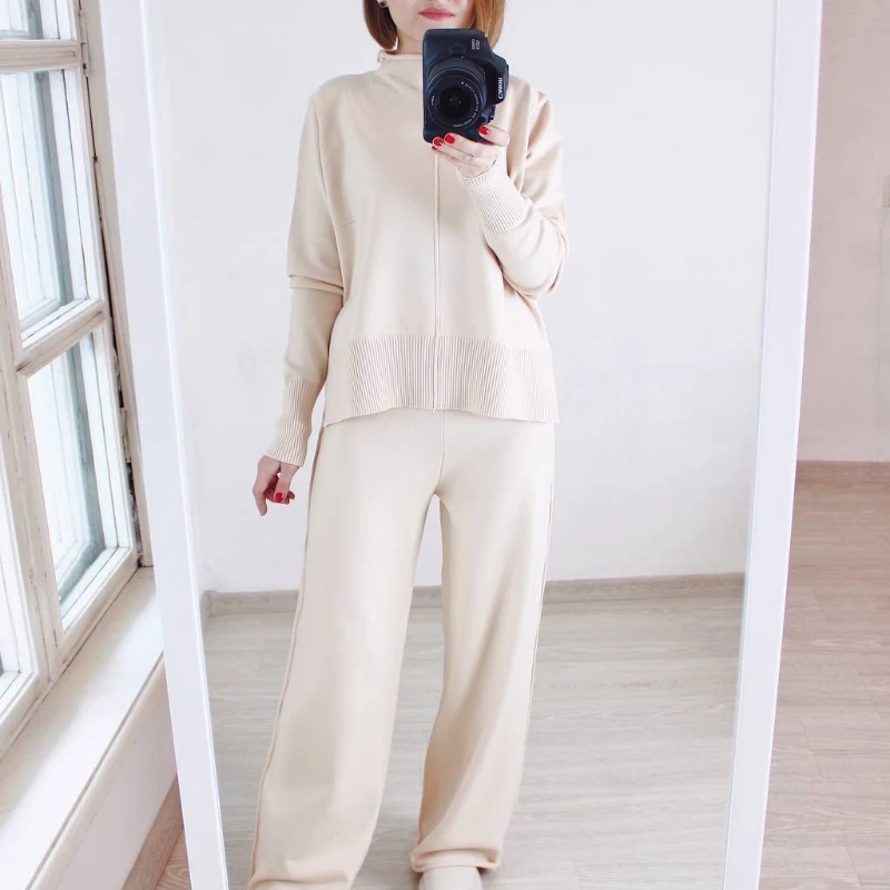 2022 Winter Knitted Sweater Two-piece Women's Loose Casual Wide-leg Pants Suit