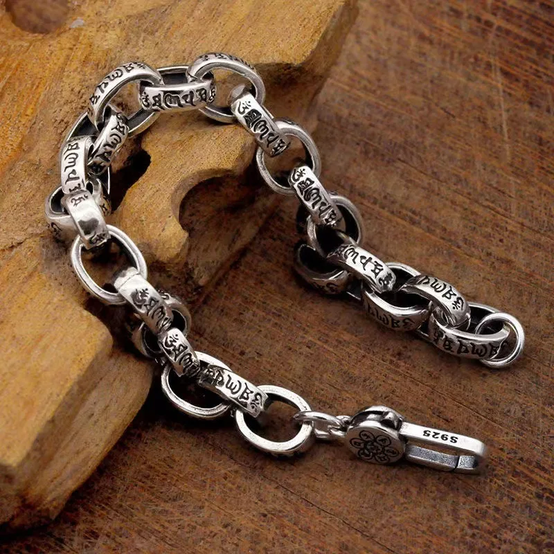 

High-end Male Fine 925 Sterling Silver Bracelet Fashion Jewelry Men's 18cm/20cm/22cm Retro Six-Character Mantra Chain Gift