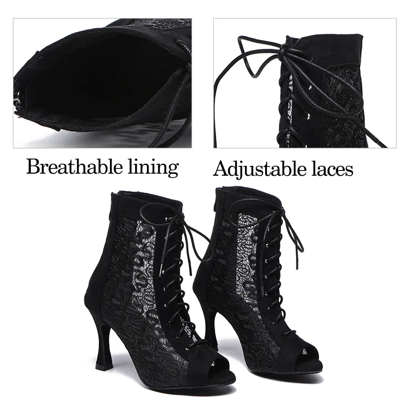 DKZSYIM WOMEN Jazz Dance Shoes Black Lace Ballroom Boots High Top Latin Dance Shoes High Heels Salsa Tango Women Dancing Shoes