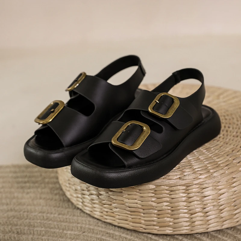 

Platform Sandals Women's Shoes 2022 Summer Trend Metal Buckle Black Vintage Roman Beach Vacation Concise Light Rubber Soft Sole