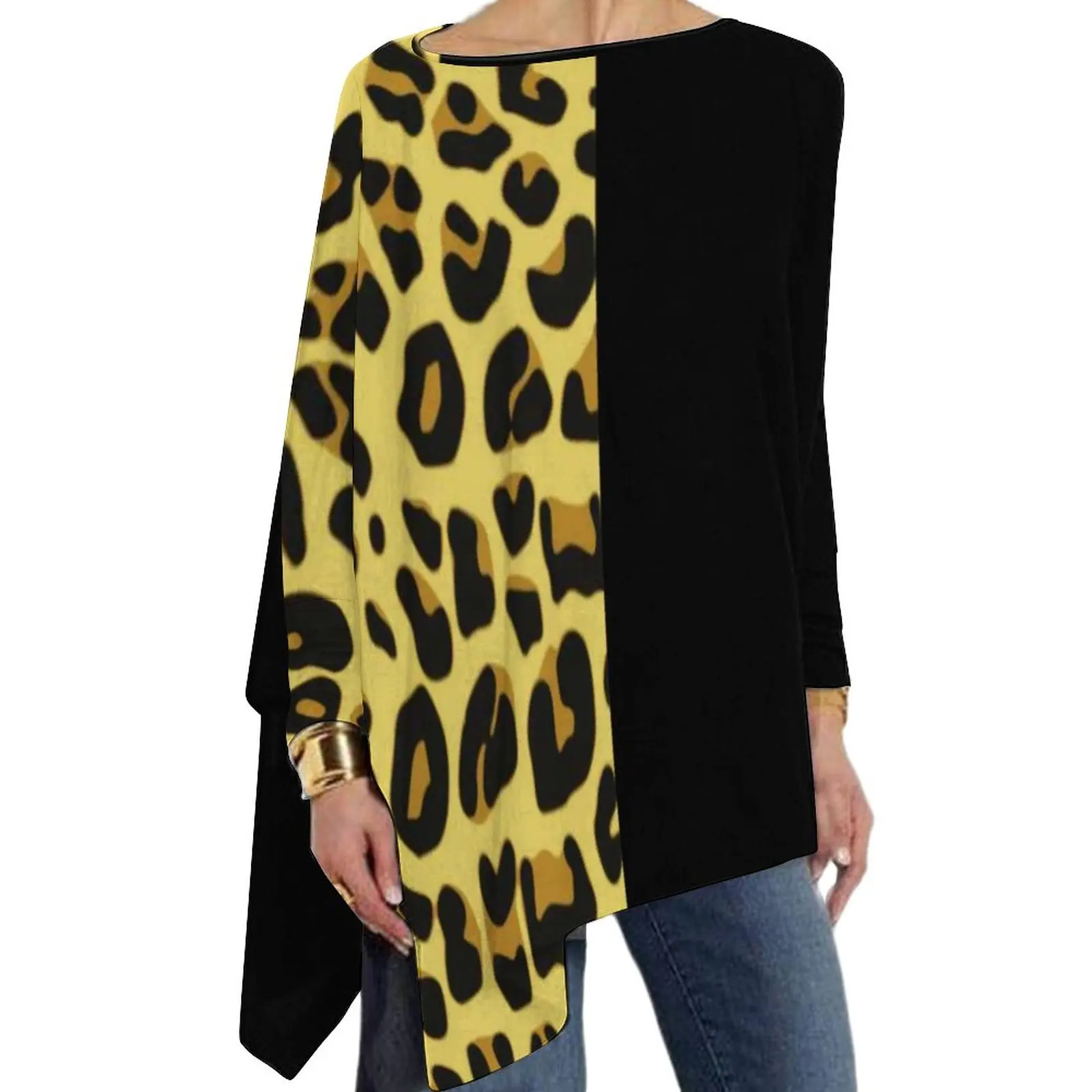 

Gold Two Tone T-Shirt Cute Cheetah Print Trendy Long Sleeve T-Shirts Korean Fashion Oversized Tees Womens Graphic Tops Present