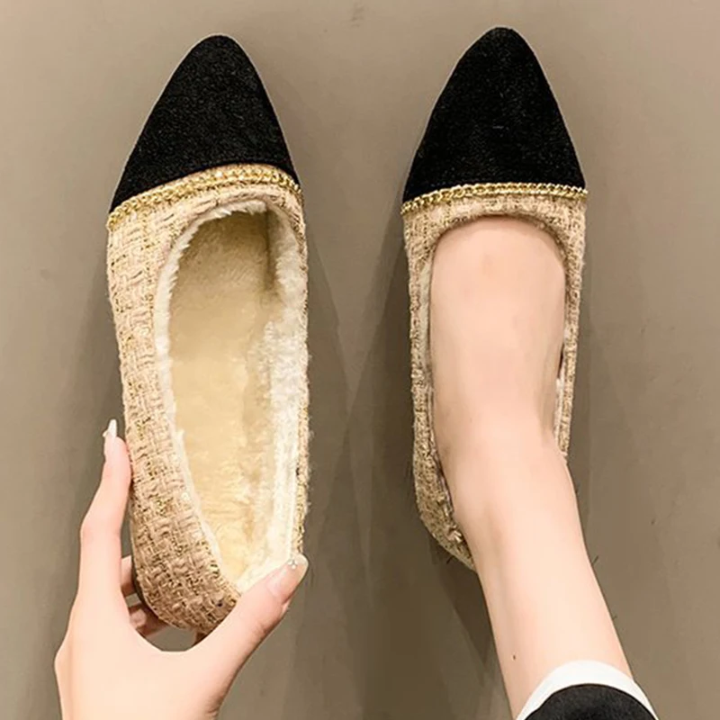 

2022 New Winter Warm Plush Pointed Toe Women's Shoes Outdoor Non Slip Fashion Current Design Low Heel Women's Office Shoes