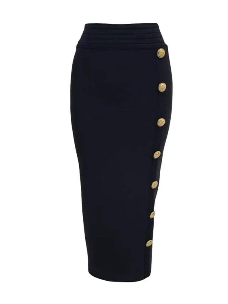 

Women Button Black Blue Red Bandage Skirt 2022 Designer High Waist Pencil Skirt 75cm