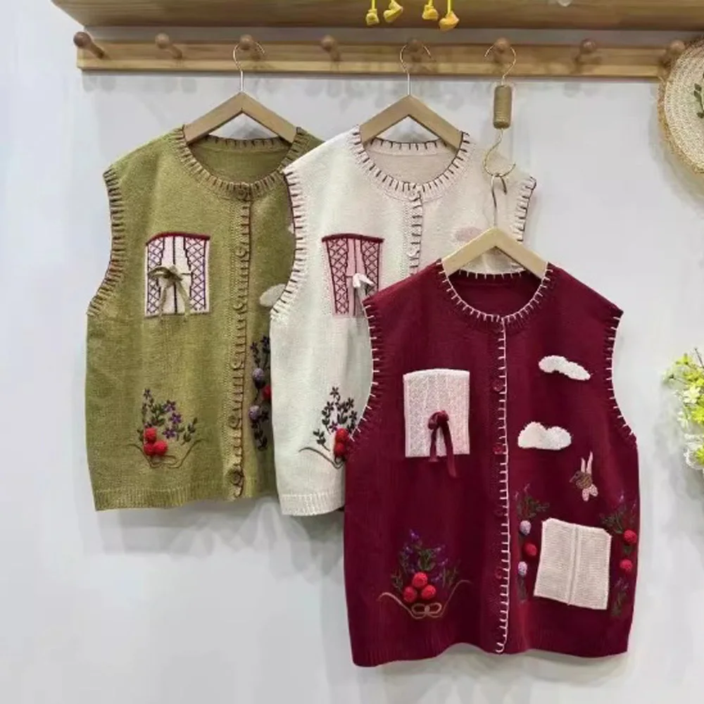 Женский трикотажный жилет Mori Kei без рукавов с мультяшным облаком и круглым