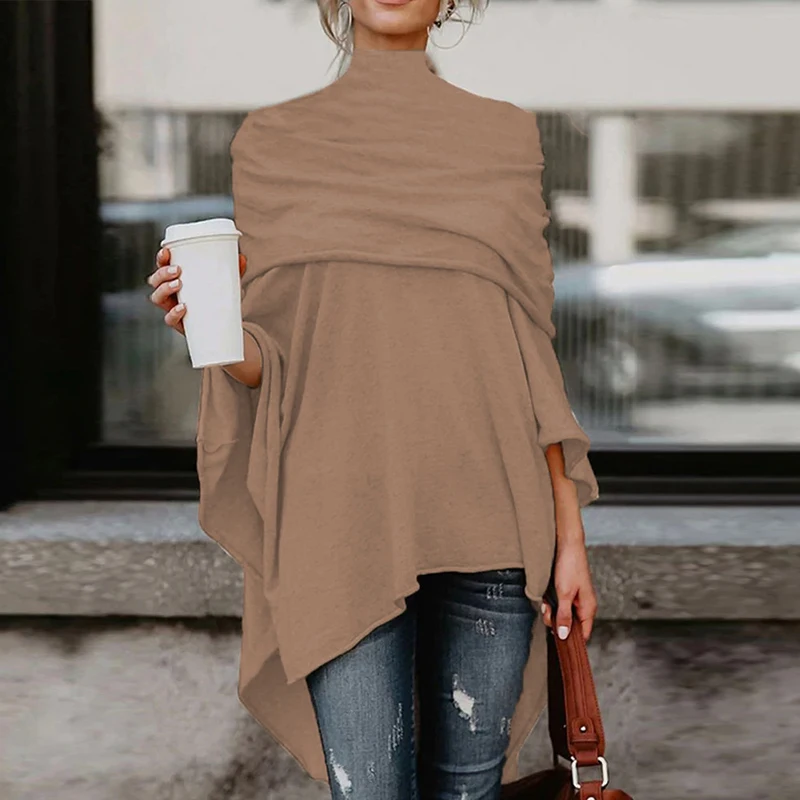 

Однотонные асимметричные топы с высоким воротником, элегантный Свободный пуловер с рукавом летучая мышь, модные повседневные уличные блузки с плащом
