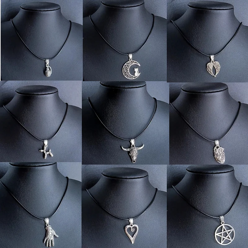 

New Fashion Tibetan Silver Color Pendant Star Pentagram Necklace Choker Charm Black Leather Cord Factory Price Handmade Jewelry